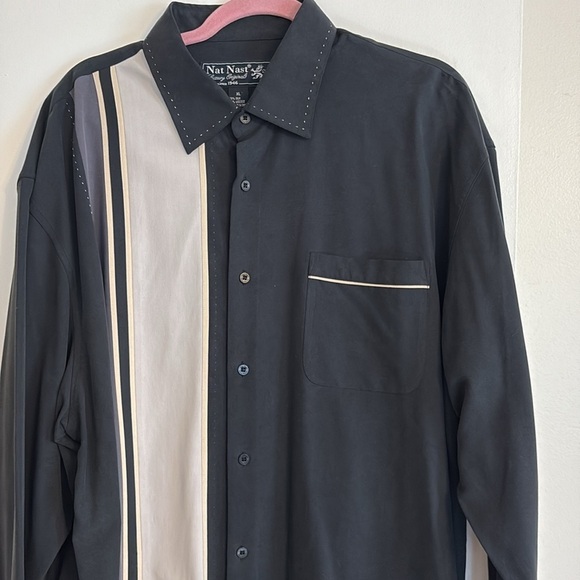 Nat Nast men’s silk color block Black and Beige Button-Up Shirt. Size XL - Picture 2 of 6